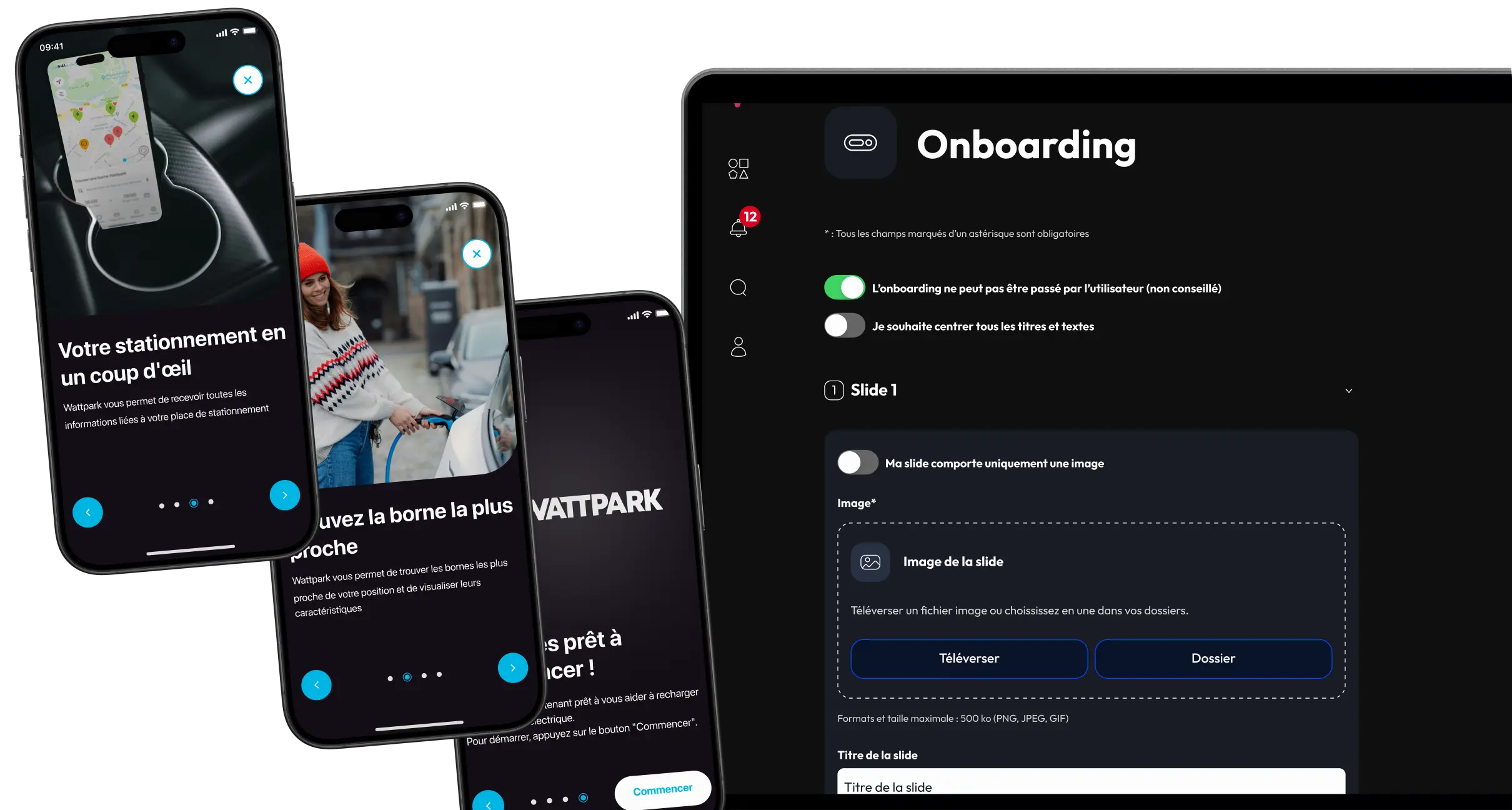 Deux téléphones affichant le panel d'administration Goodbizz